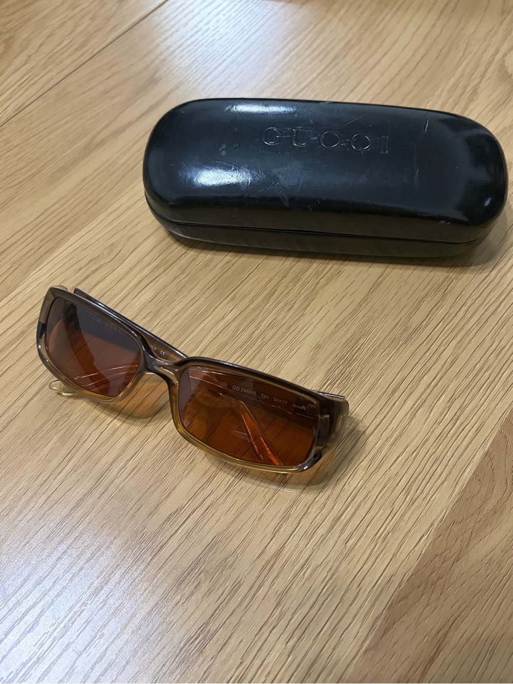 Gucci GG 2455/S Amber Lens Rectangular Sunglasses with Brown Translucent Frame